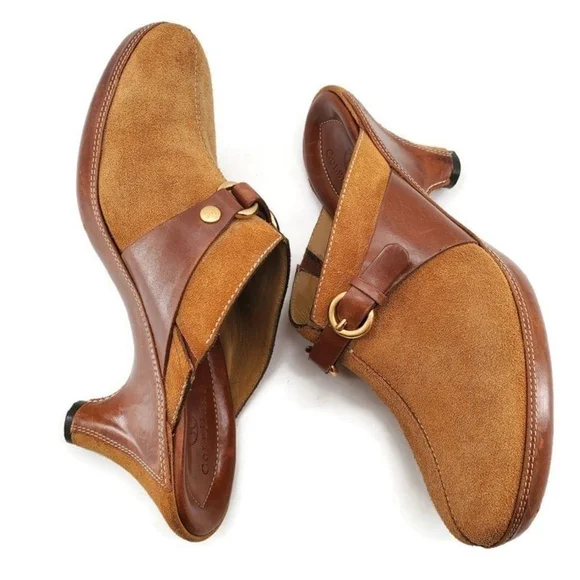 Cole Haan Tan Suede & Brown Leather Gold Buckle Strap Slide-On Mid Heel Mules - Picture 12 of 15